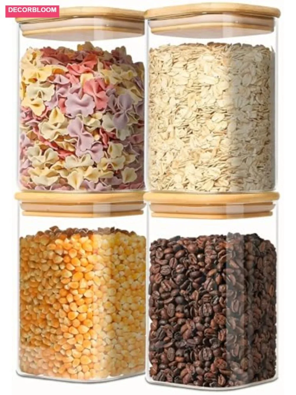 Airtight Glass Storage Canisters with Bamboo Lids, 4 Pack Square Jar for Kitchen